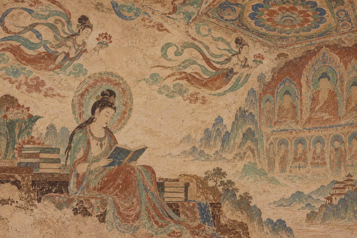 敦煌壁画风格示意:飞天飘带、藻井莲花