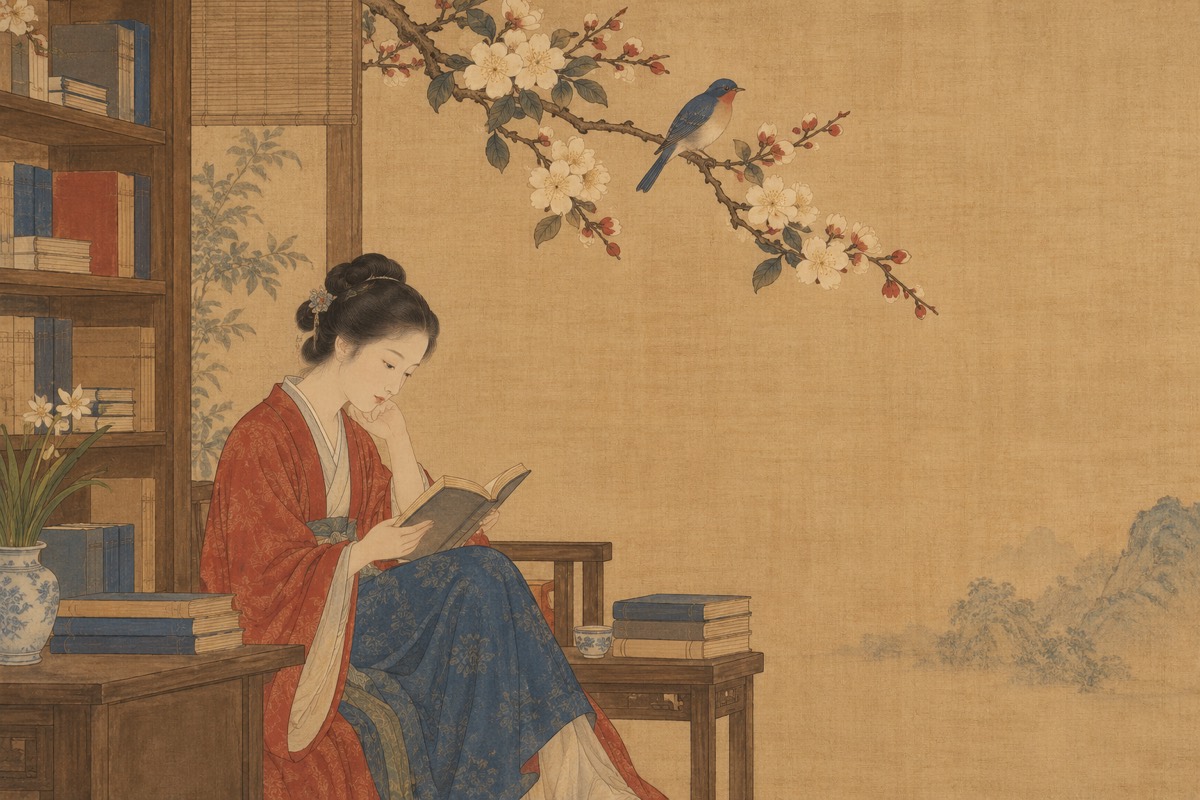 工笔花鸟风格示意:折枝花卉、工整细线