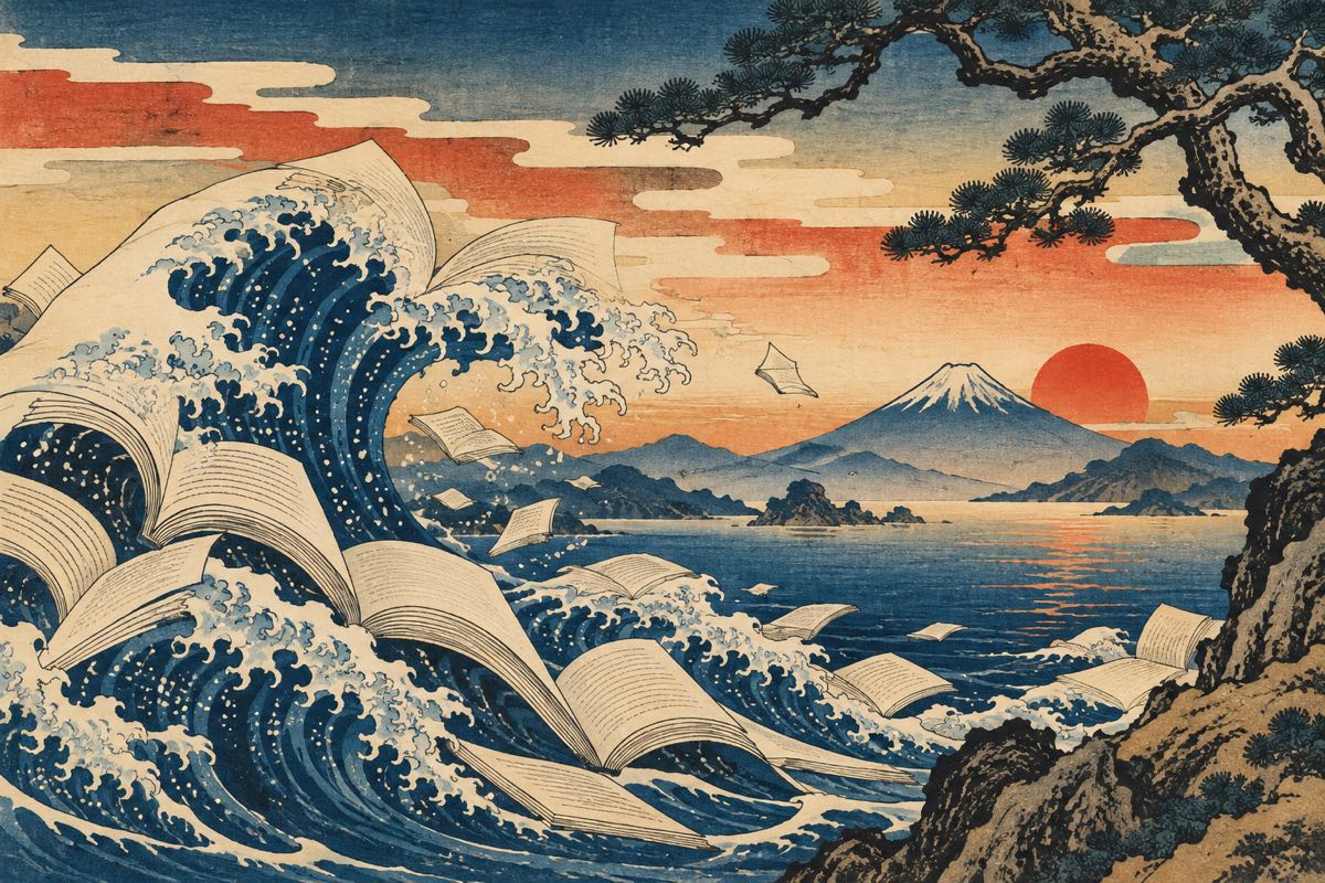 浮世绘风格示意:巨浪、霞形云带